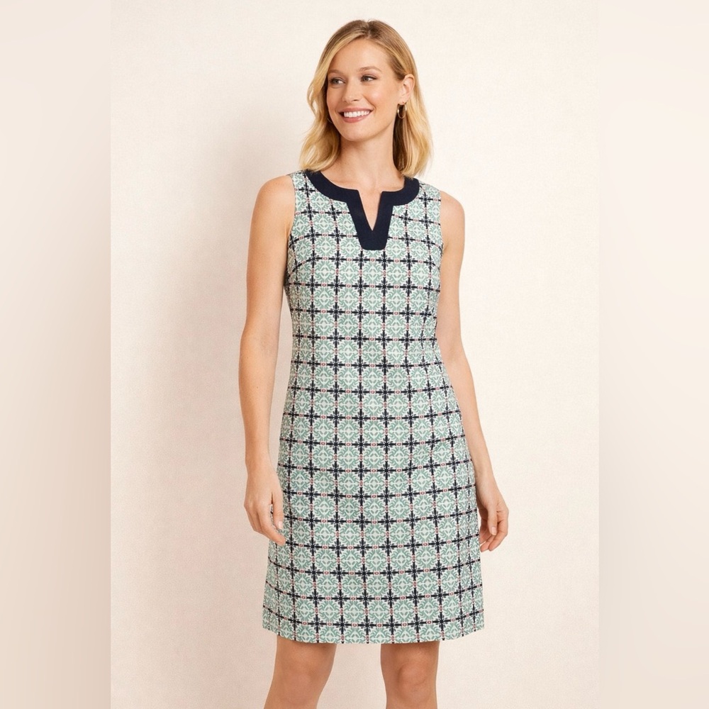 Talbots Linen Sleeveless V-neck Medallion Patterned Classic Shift Dress Size 6